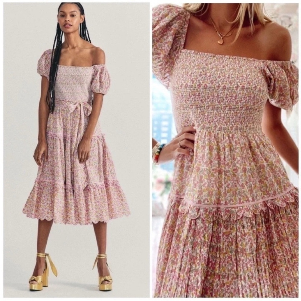 LoveShackFancy Masie Floral Midi Dress Fruity Punch - Picture 2 of 8